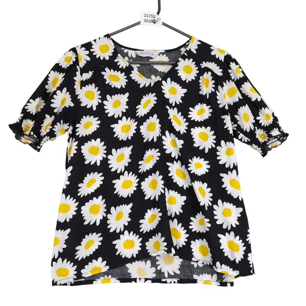 Compania Fantastica Black Daisy Floral Blouse Womens M Spain Puff Sleeve Cute